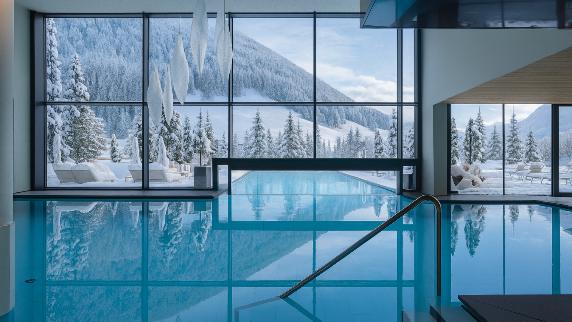 Poolbecken mit Zugang zum Aussenbecken und draussen sind die verschneiten Berge im Ahrntal